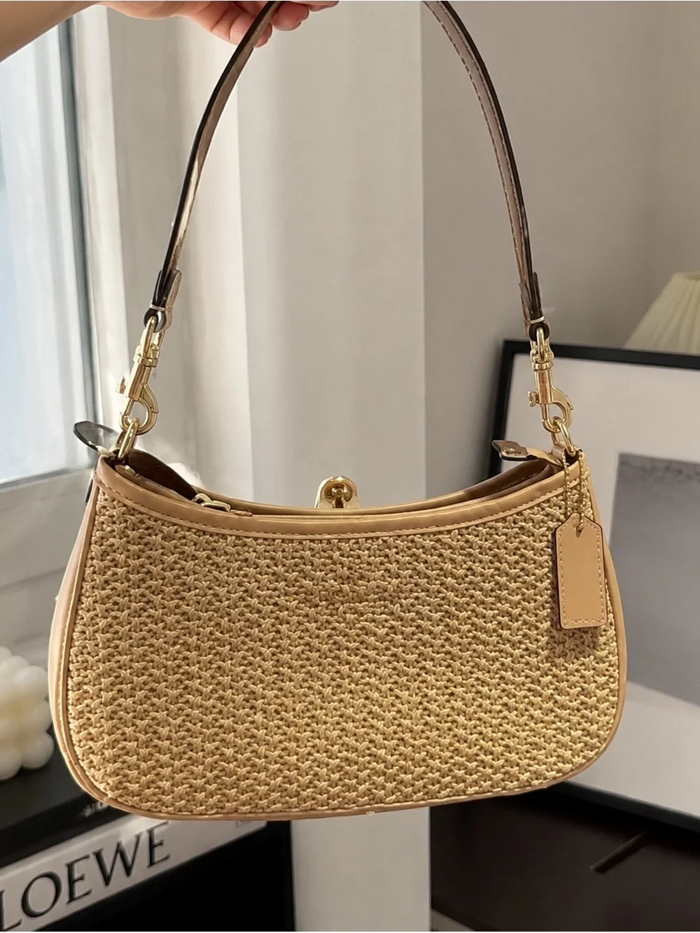 Coach Woven Straw Shoulder Bag in Tan and Brown